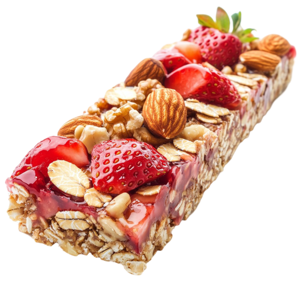 Nut and berry granola bar with strawberries on the side png