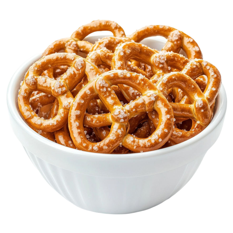 White bowl filled with crunchy salted pretzels in a spiral shape png