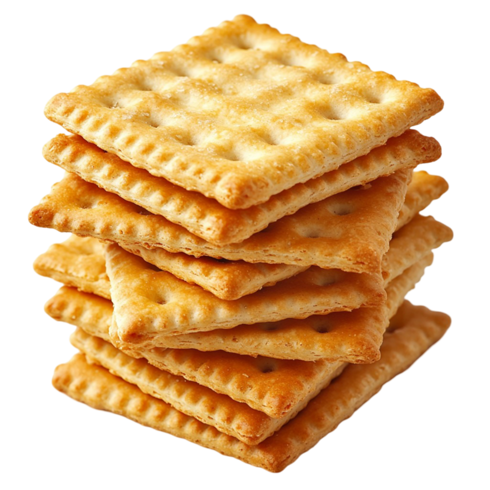 Tall stack of crunchy square crackers with a flaky texture png