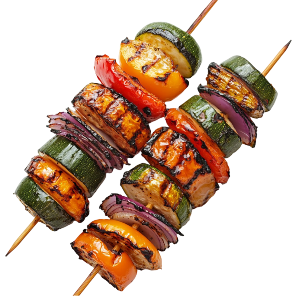 Colorful vegetable kebabs with zucchini peppers and red onions png
