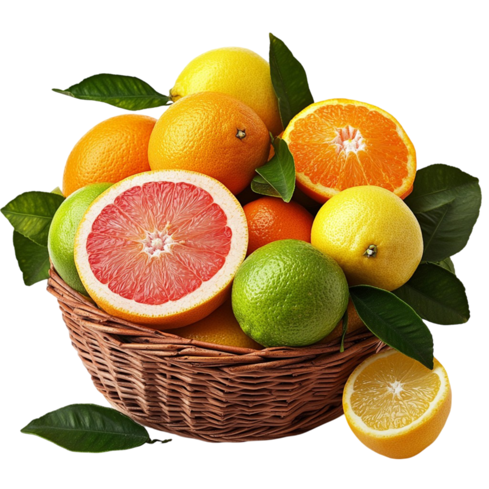 Wicker basket filled with citrus fruits and green leaves png
