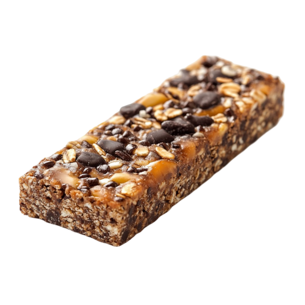 Granola bar with nuts seeds and chocolate drizzle on top png