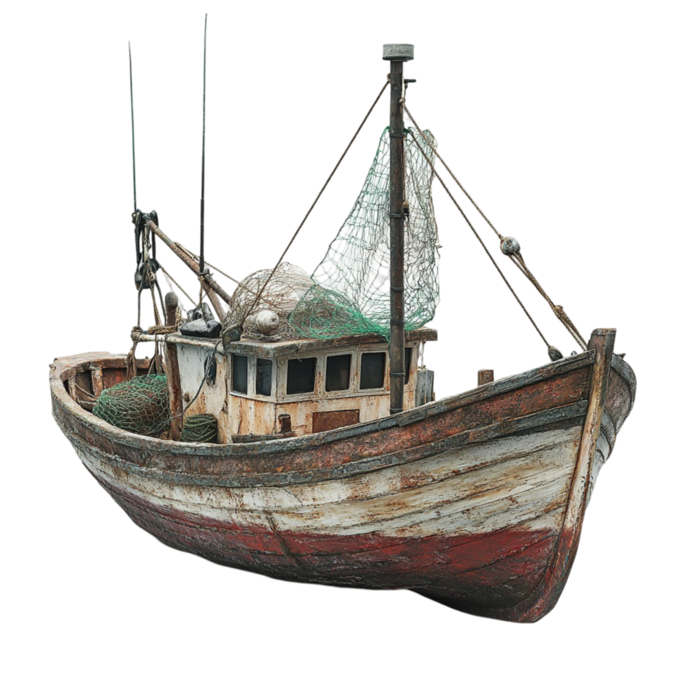 Old wooden fishing boat with nets and weathered png