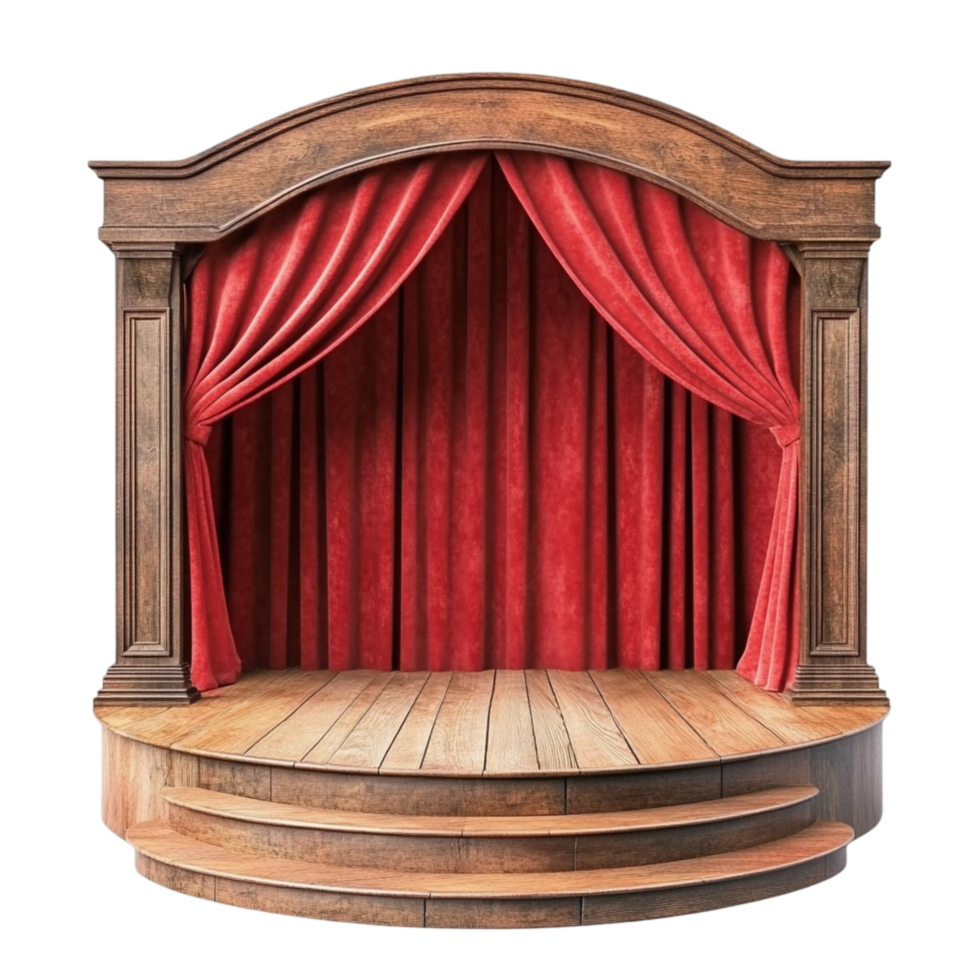 Small wooden theater stage with red velvet curtains and an arched top png
