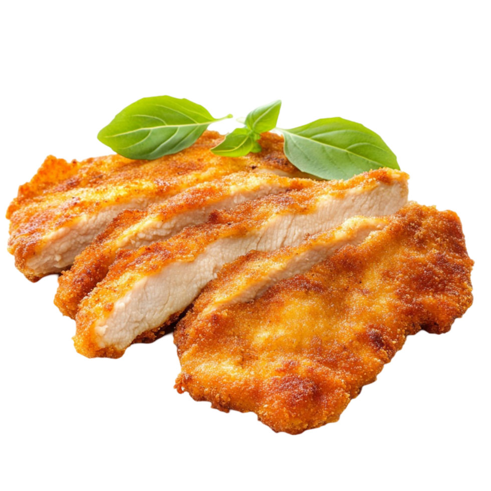 Breaded and fried chicken cutlets garnished with basil leaves png