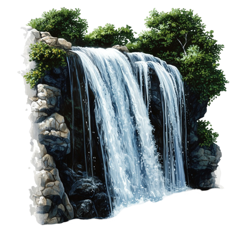 Large natural waterfall cascading down rocky cliffs surrounded by greenery png