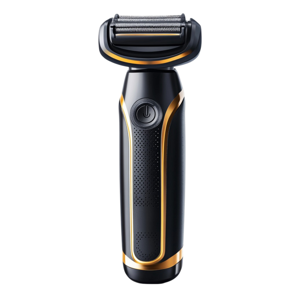 Sleek black and gold electric razor with a design png