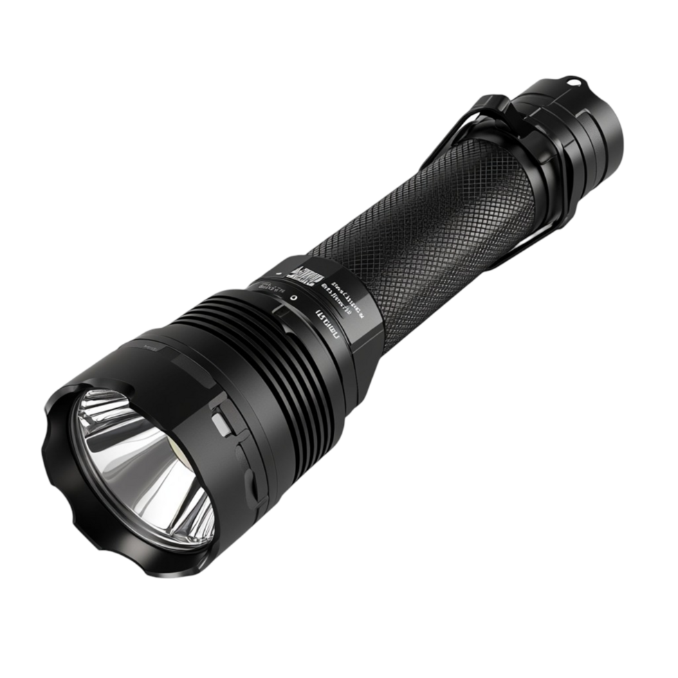 Heavy duty black flashlight with a LED beam and a grip png