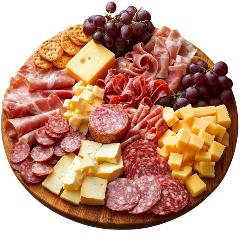 Wooden charcuterie board filled with cheese crackers and grapes png