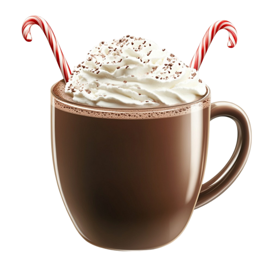 Hot chocolate with whipped cream and candy canes in a brown mug png