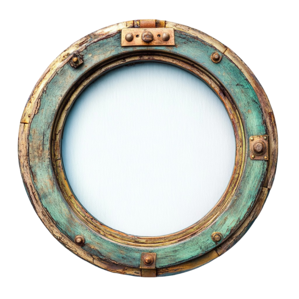 Rustic round porthole window with a weathered metallic frame png