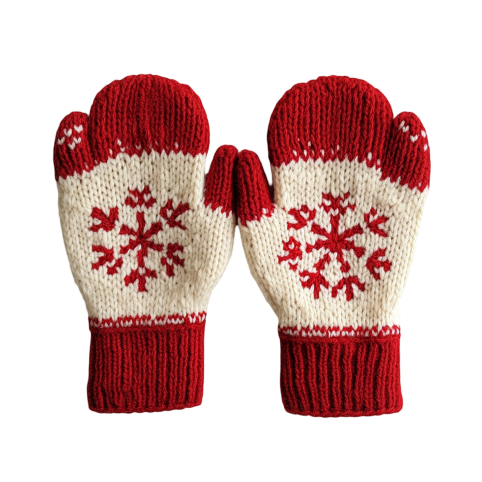 Cozy knitted mittens with red and white snowflake patterns png