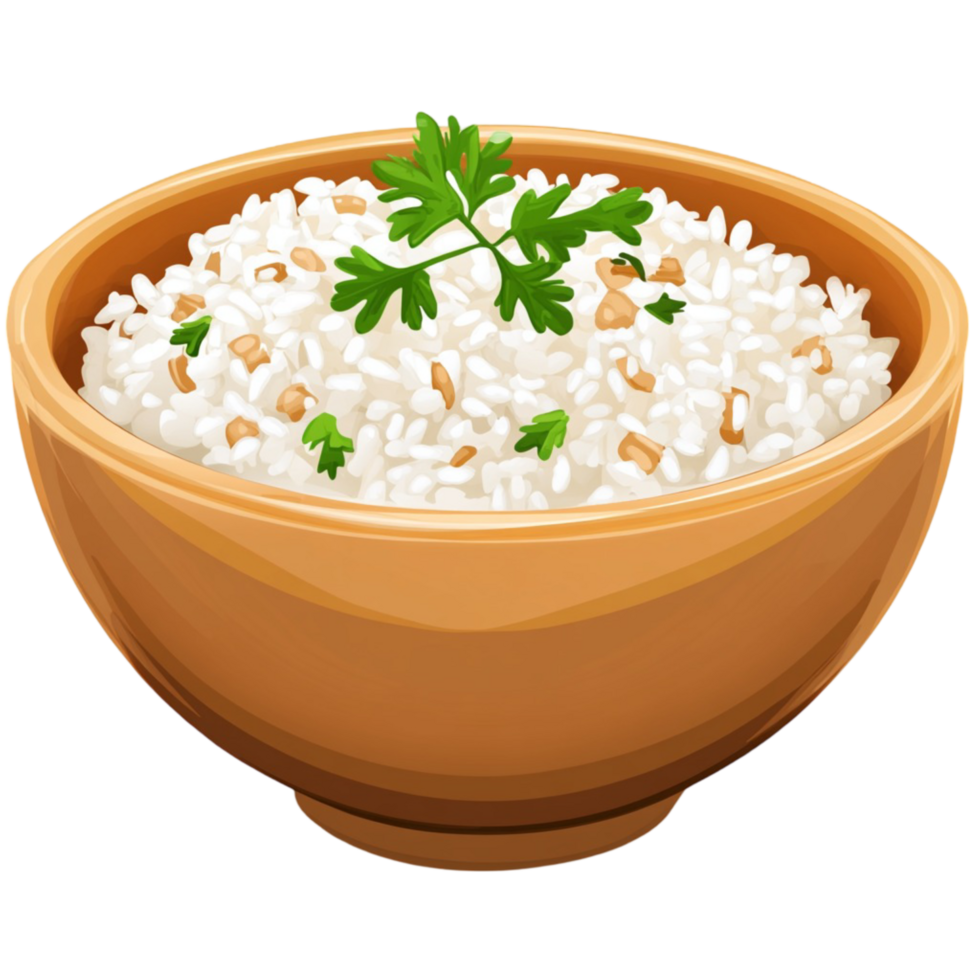 Bowl of fluffy white rice garnished with green parsley png