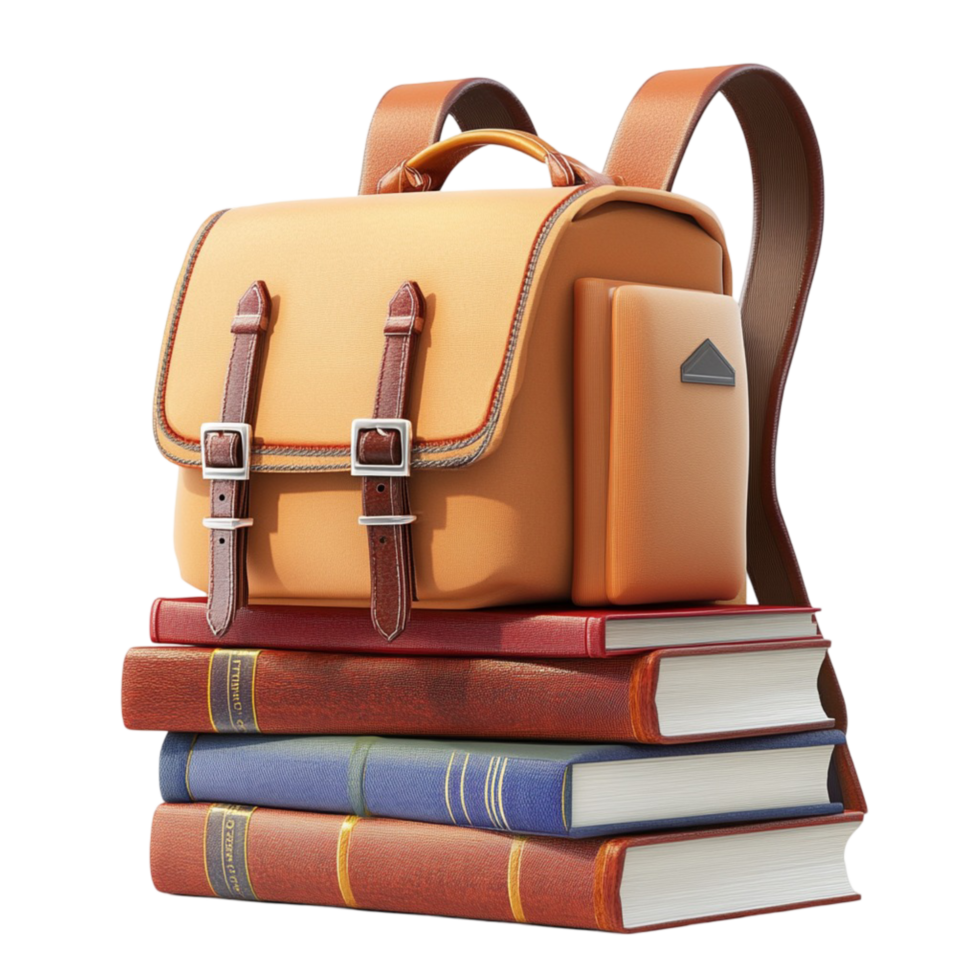 backpack resting on a stack of hardcover books png