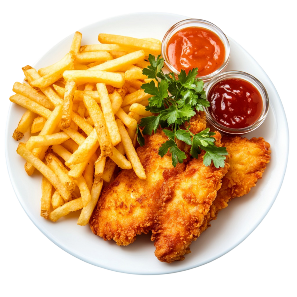 fried chicken tenders with french fries and dipping sauces png