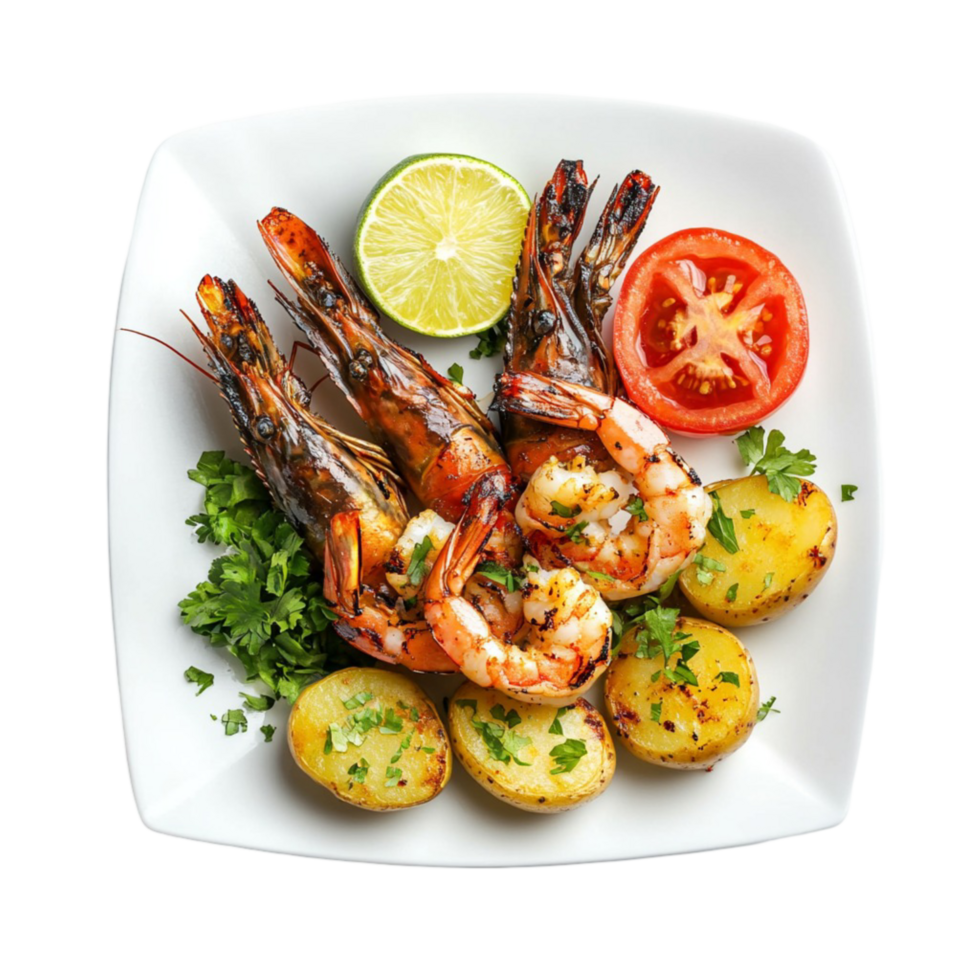 Plate of grilled shrimp with vegetables and a slice of lemon png
