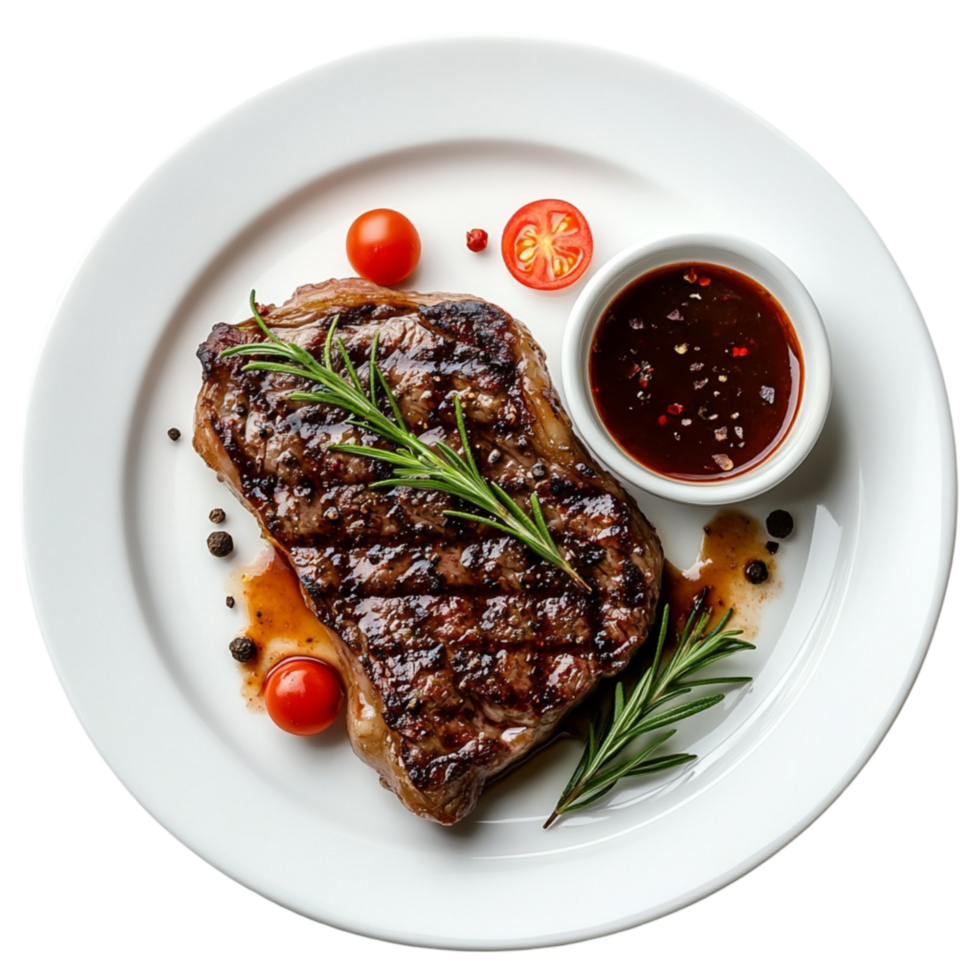 Grilled beef steak with rosemary and a side of dipping sauce png