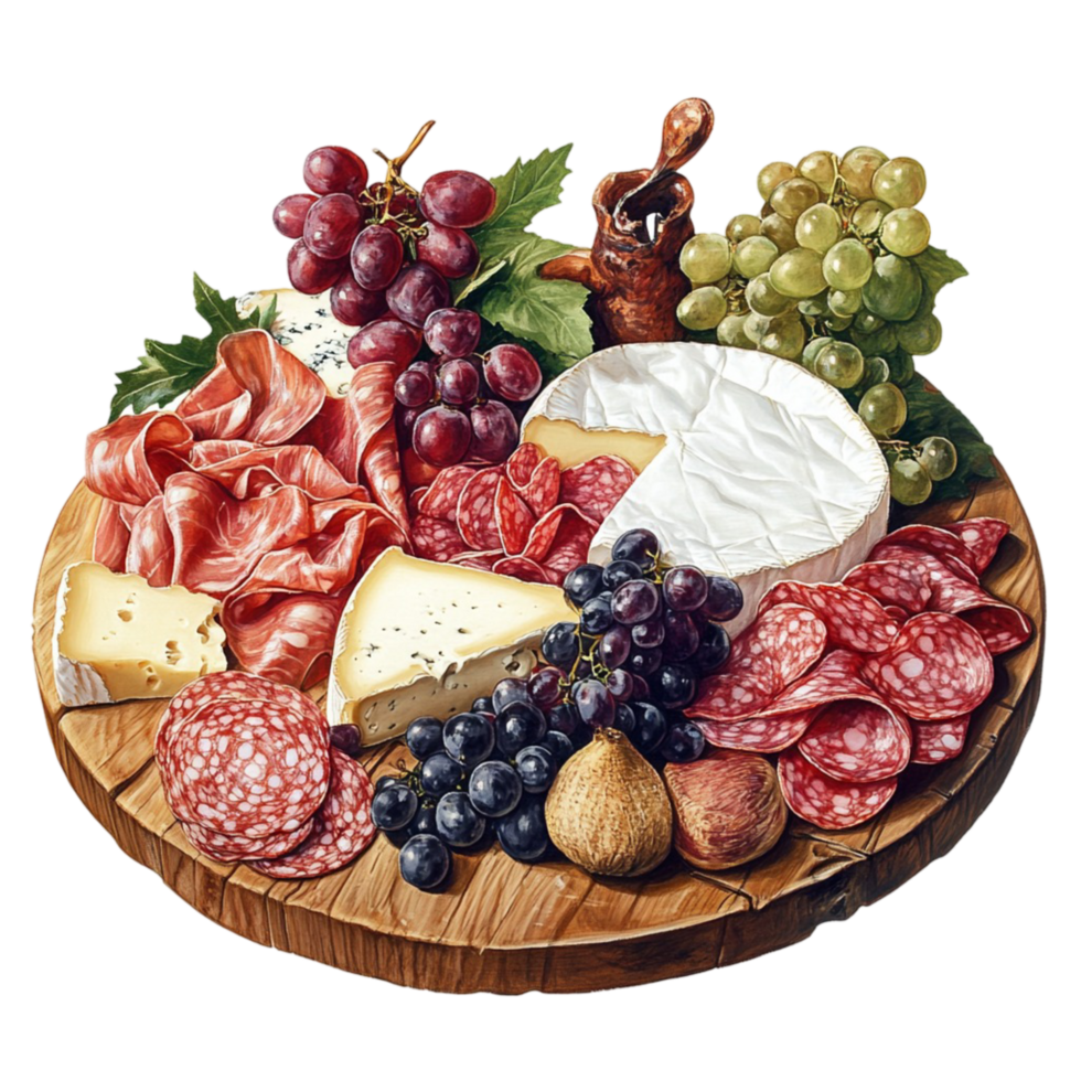 Wooden charcuterie board with an assortment of cheese meats and grapes png