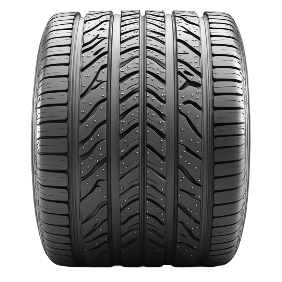 Large black car tire with deep grooves and a durable rubber texture png