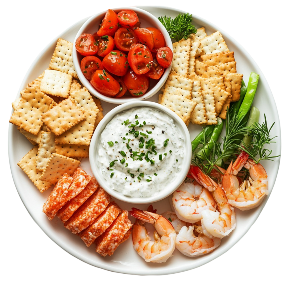 Appetizing seafood platter with shrimp crackers and creamy dipping sauce png