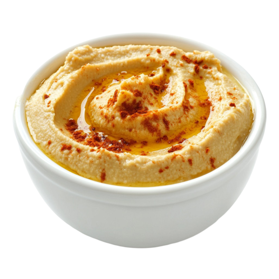 Creamy hummus in a white bowl topped with red pepper flakes png
