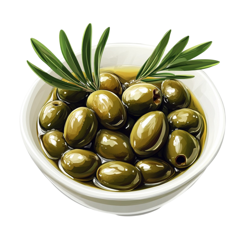 Small glass bowl filled with shiny green olives garnished with leaves png