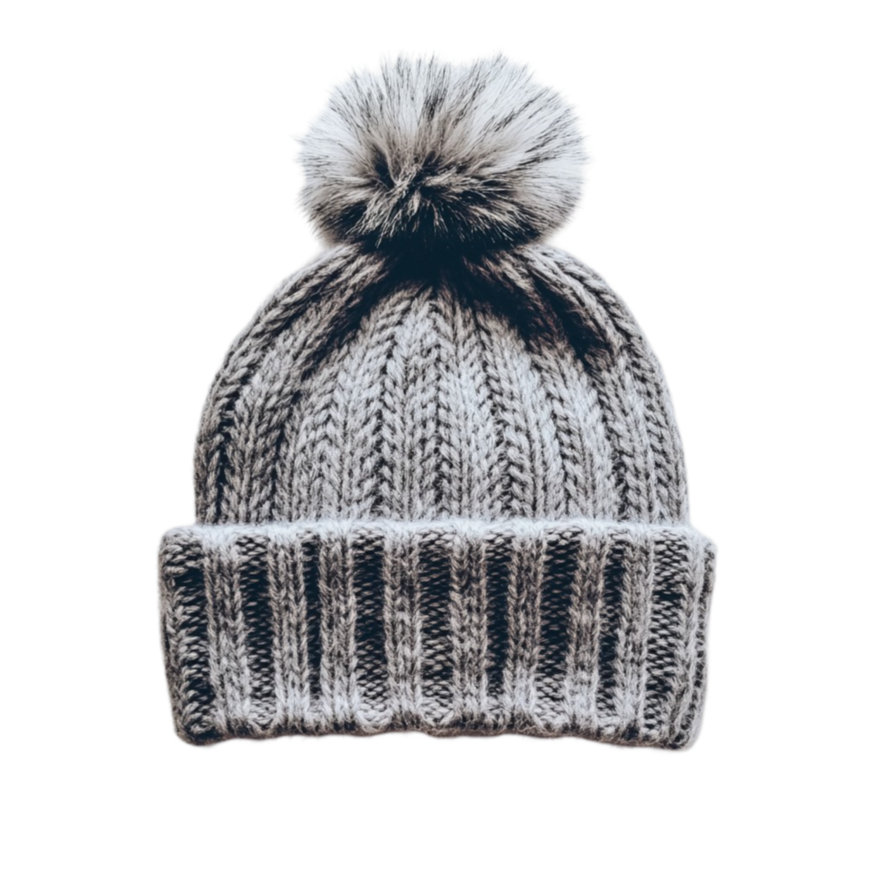 Cozy gray knitted beanie with a fluffy pom pom on top png