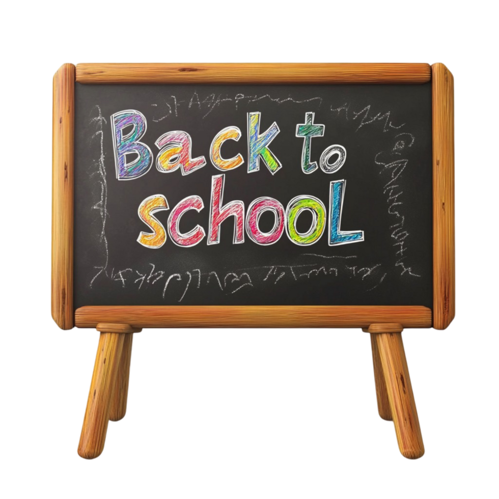 Small wooden chalkboard with colorful back to school message written in chalk png