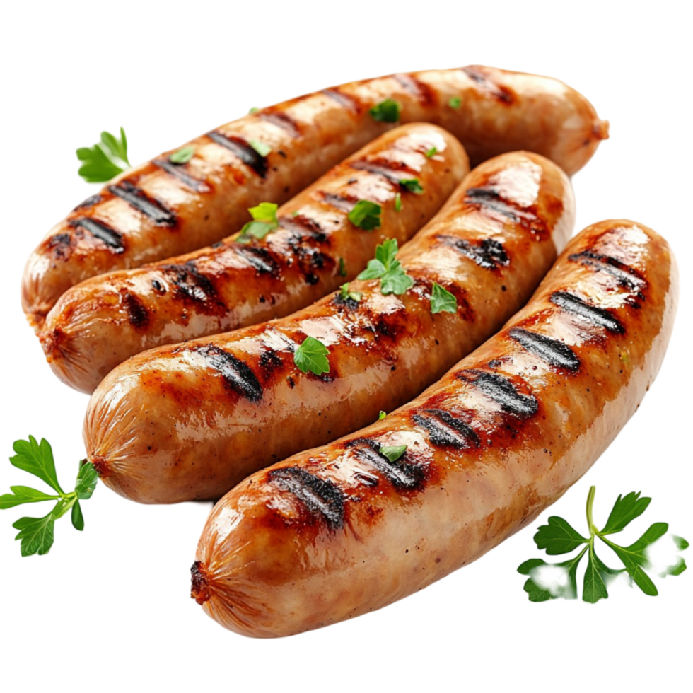 Juicy grilled bratwurst sausages garnished with parsley png