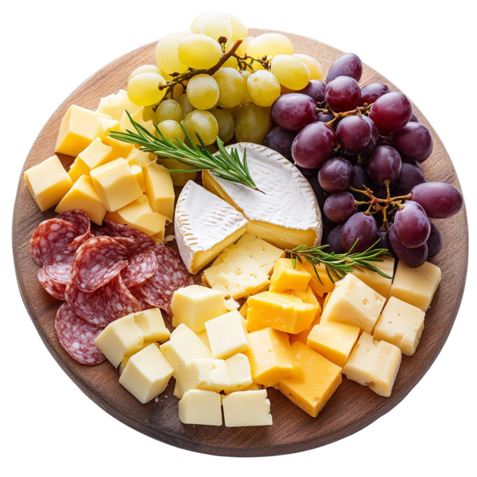 Round wooden cheese platter with grapes assorted cheeses and cured meats png
