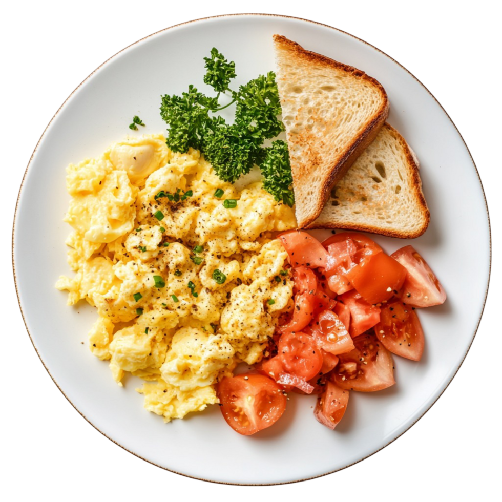 Breakfast plate with scrambled eggs toast and tomato slices png