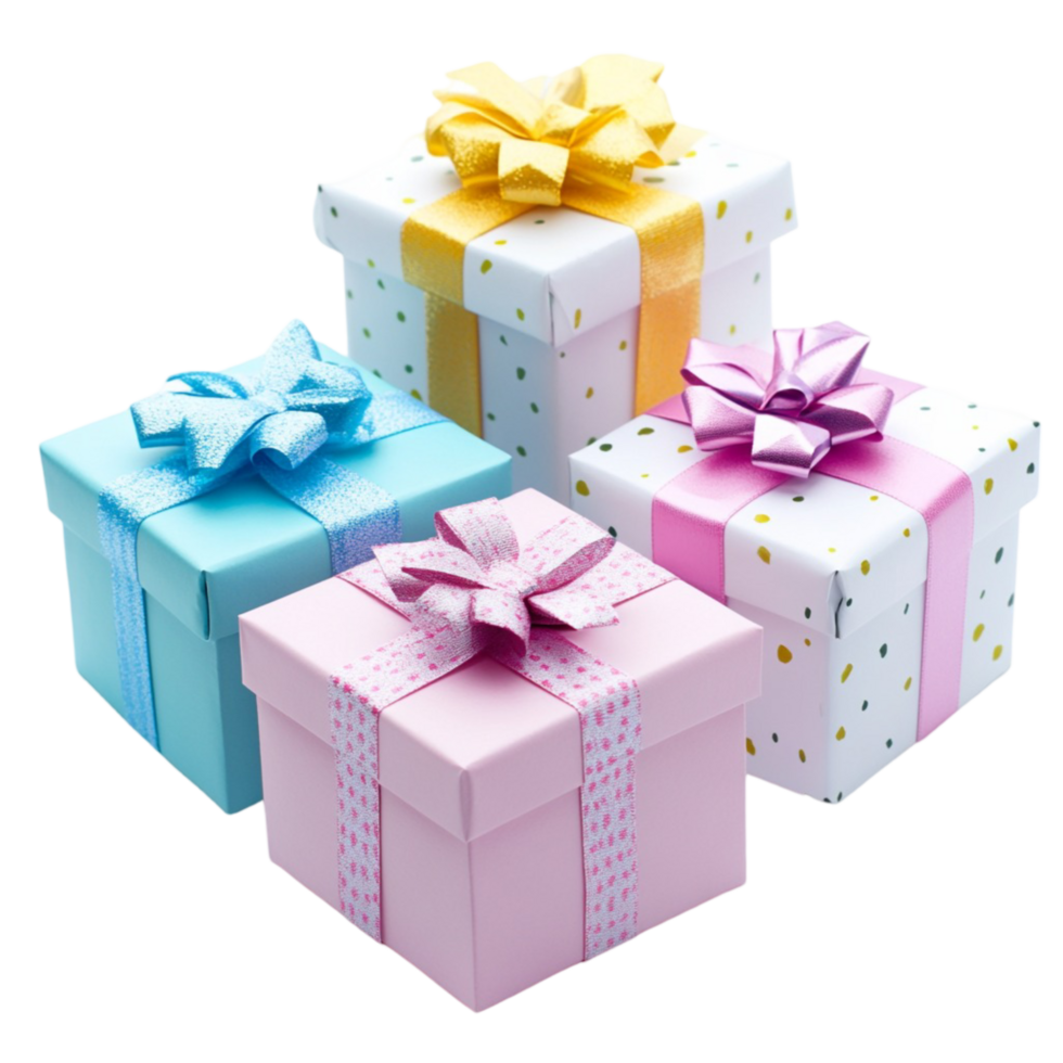 Stack of beautifully wrapped gift boxes with bows and ribbons png