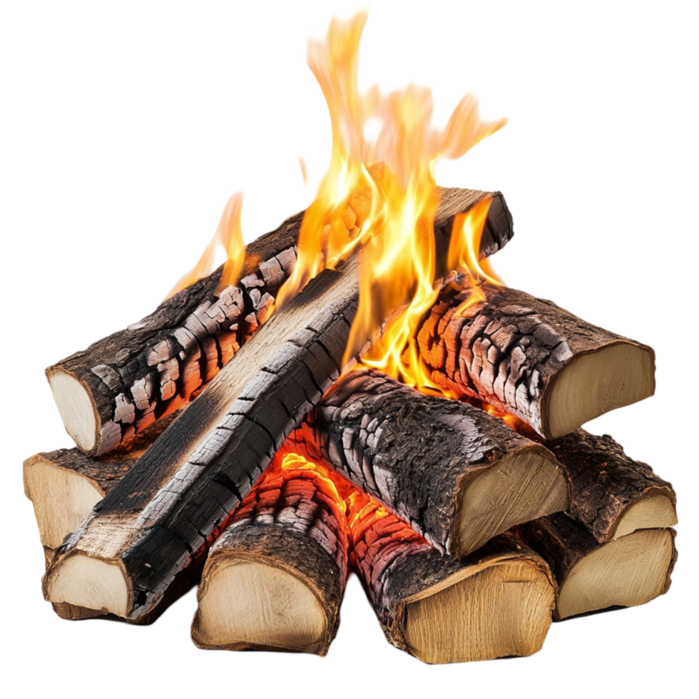 Pile of burning firewood with orange flames and glowing embers png