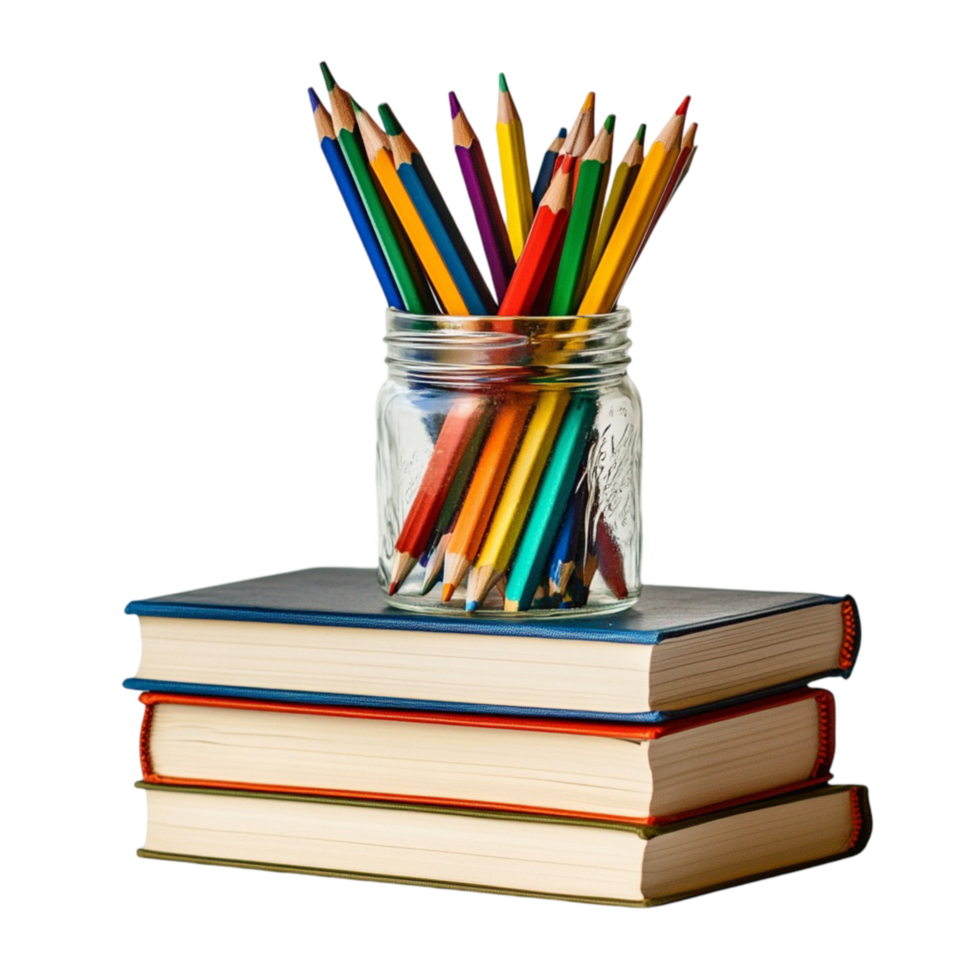 Glass jar filled with sharpened colored pencils placed on top of stacked books png
