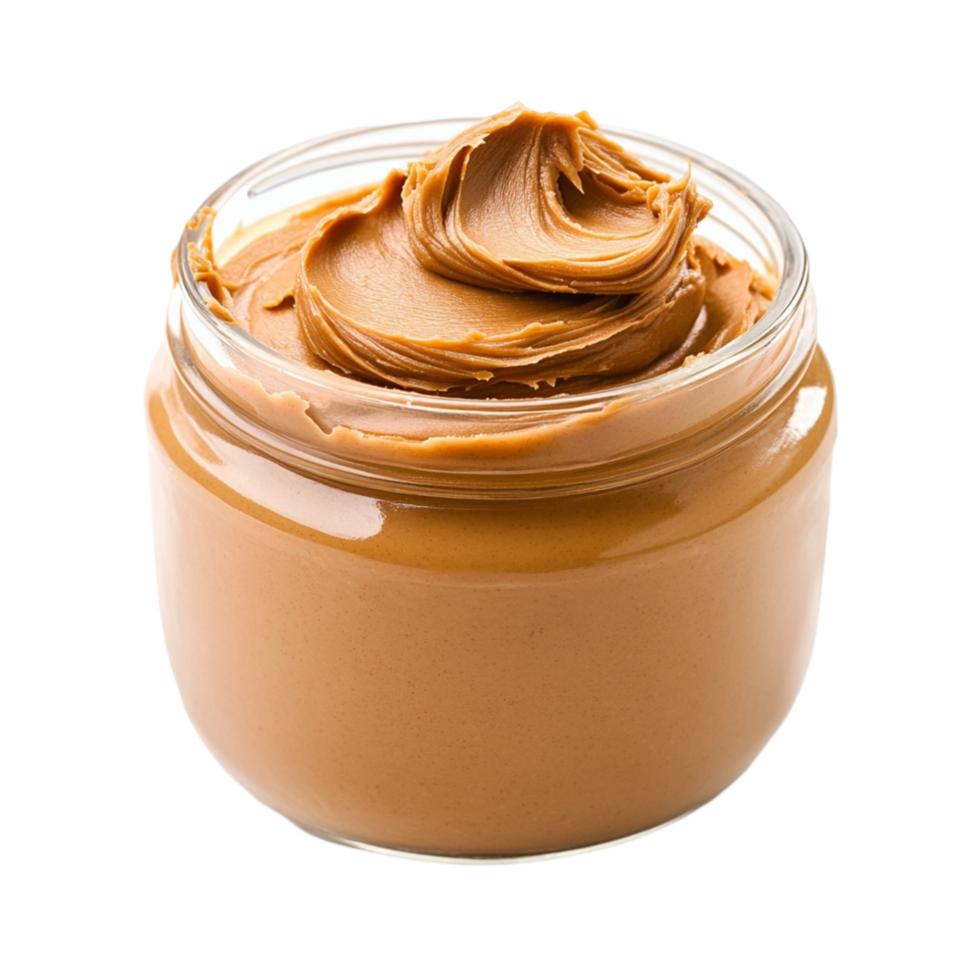 Creamy peanut butter in a small glass jar with a swirl on top png