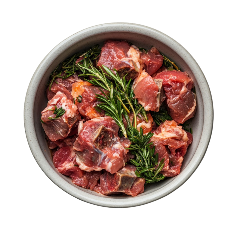 Bowl filled with raw marinated meat and herbs png