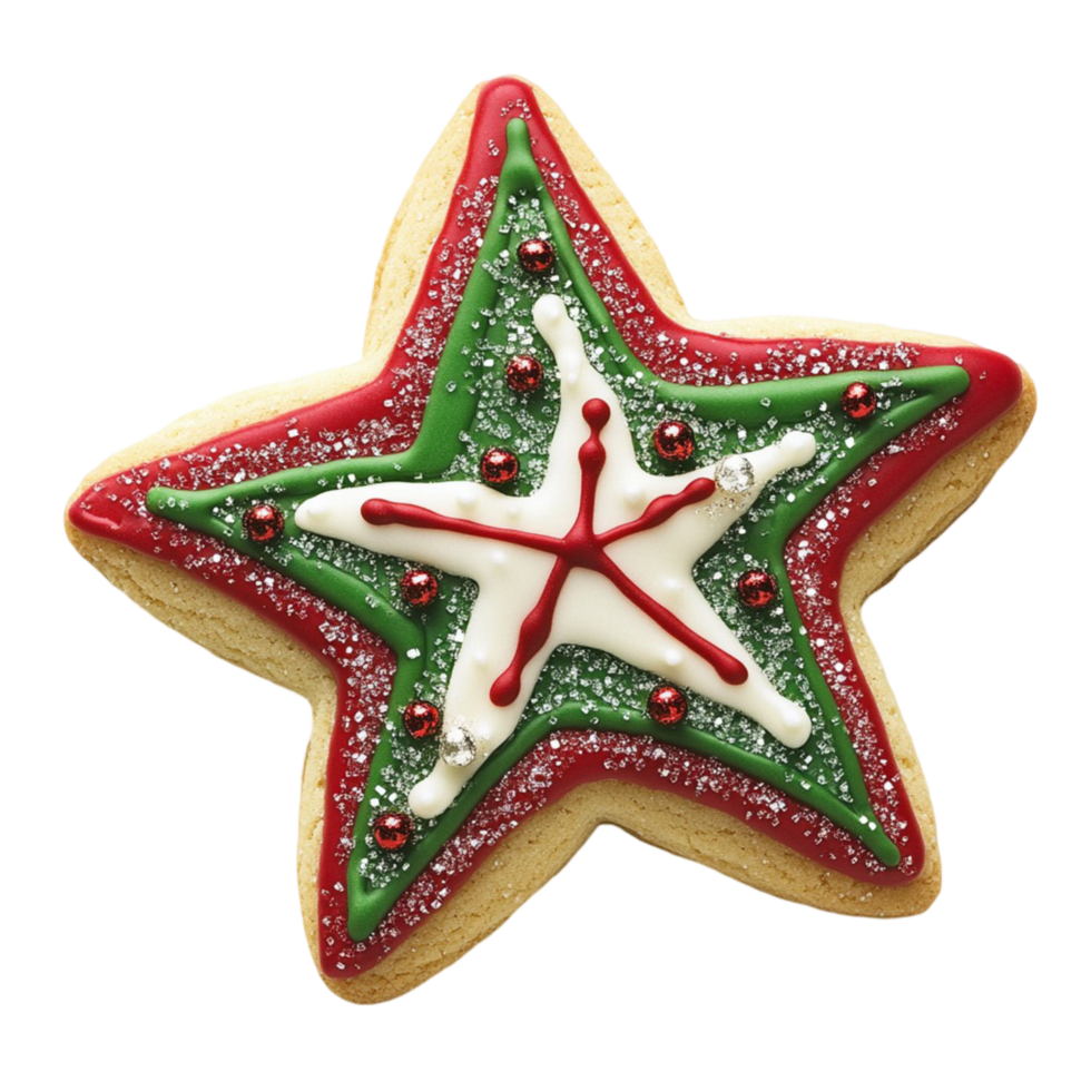 Festive star shaped cookie decorated with icing and sprinkles png
