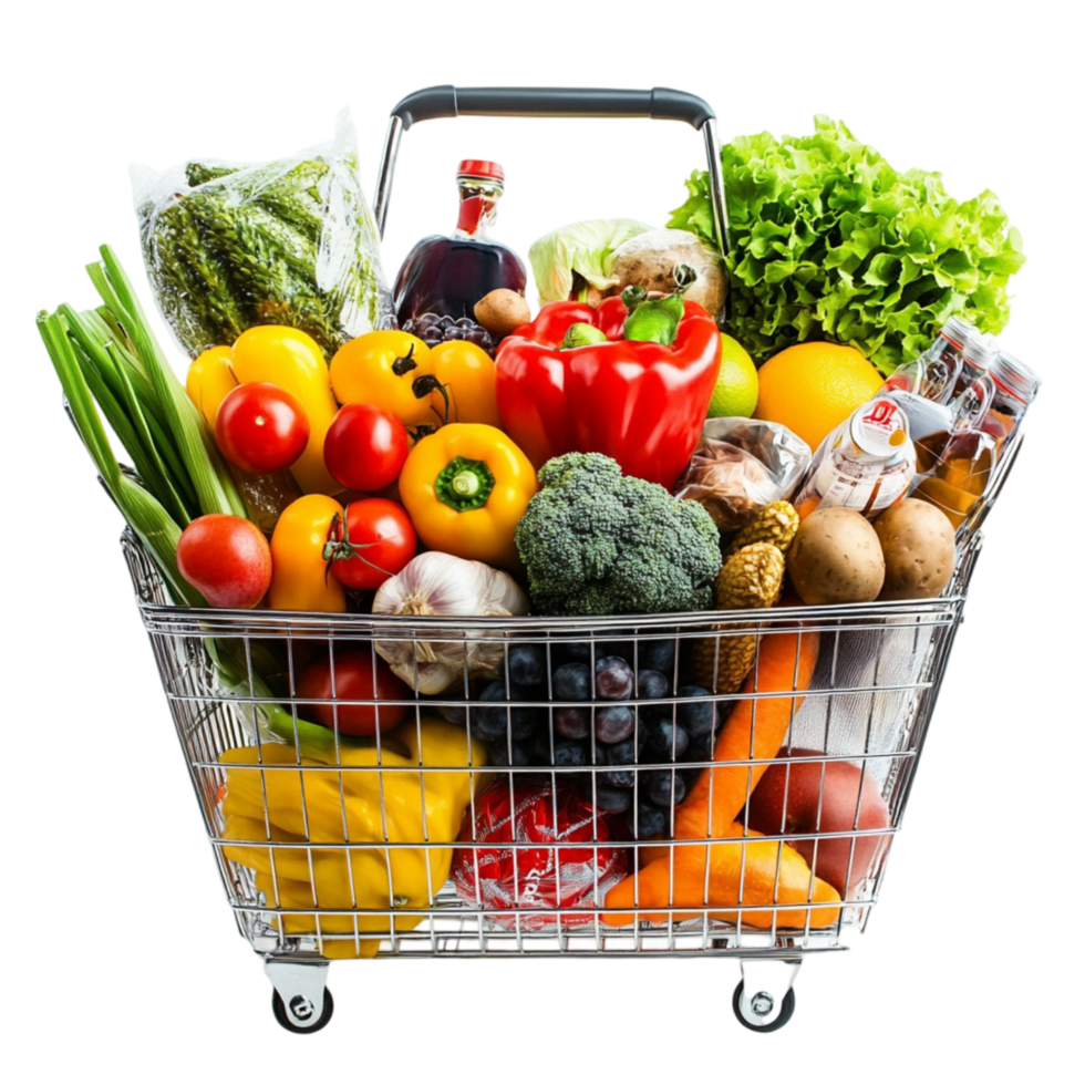 Shopping cart filled with colorful vegetables and groceries png
