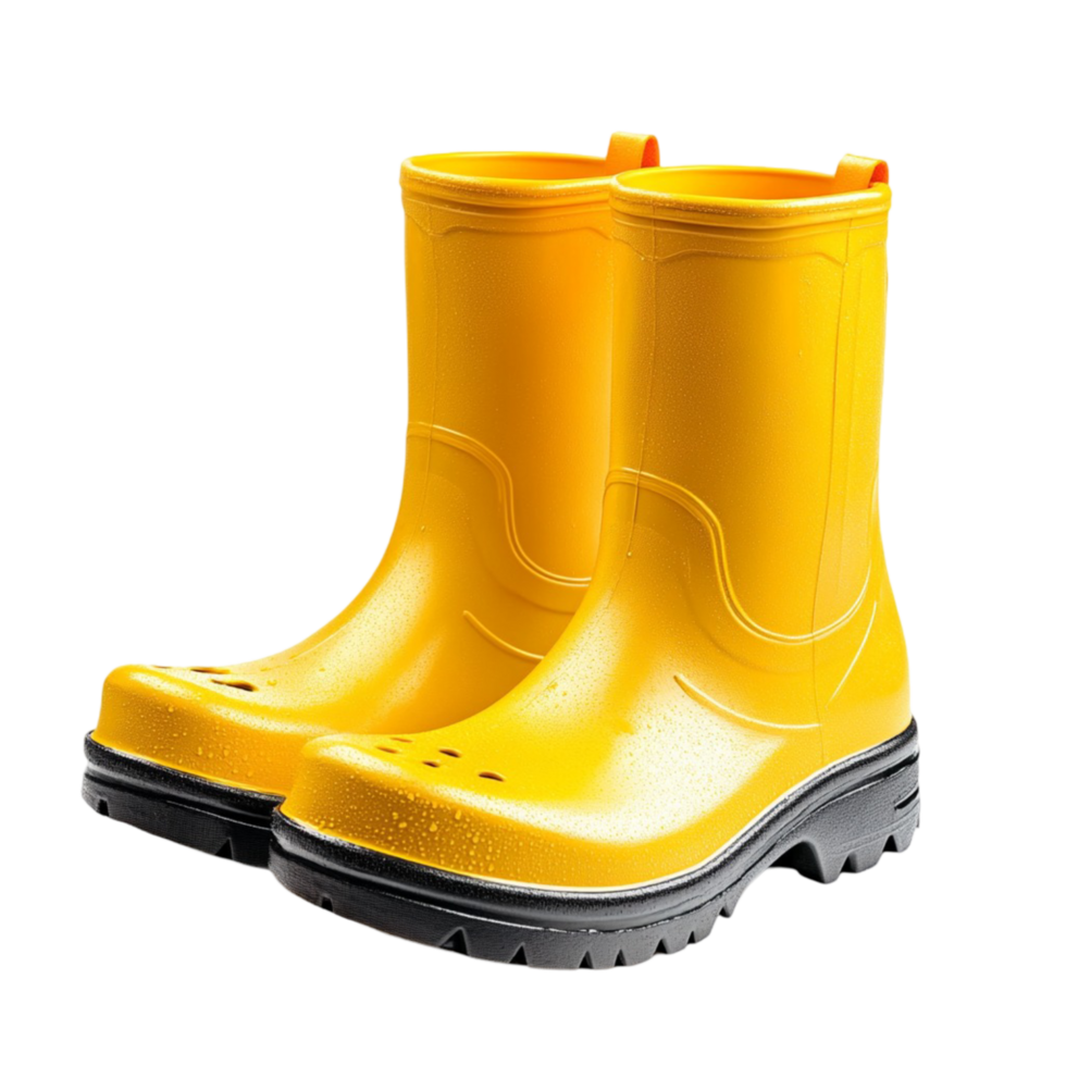 Pair of yellow rubber rain boots with a design png