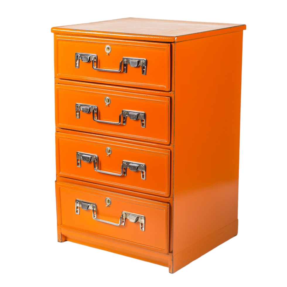 orange four drawer filing cabinet with silver handles and a design png