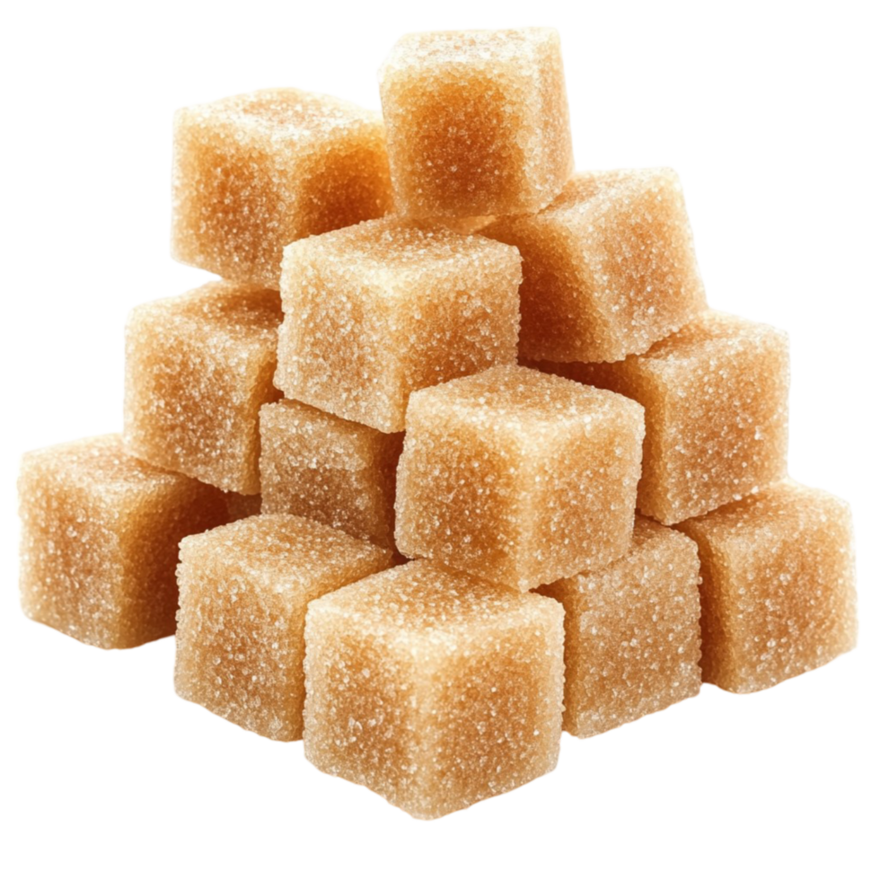 Stack of golden brown sugar cubes with a crystallized rough texture png