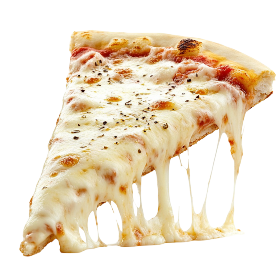 Gooey cheese pizza slice with a golden crust png