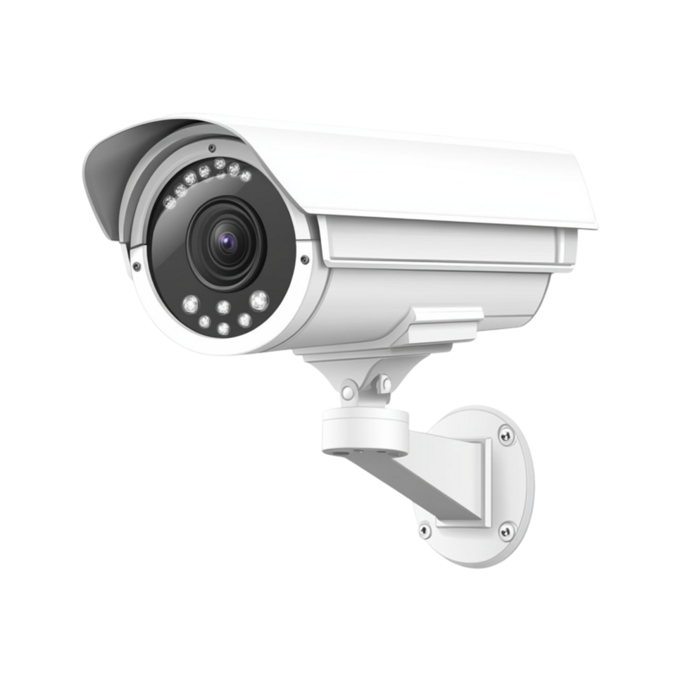White security camera mounted on a metal bracket for surveillance png