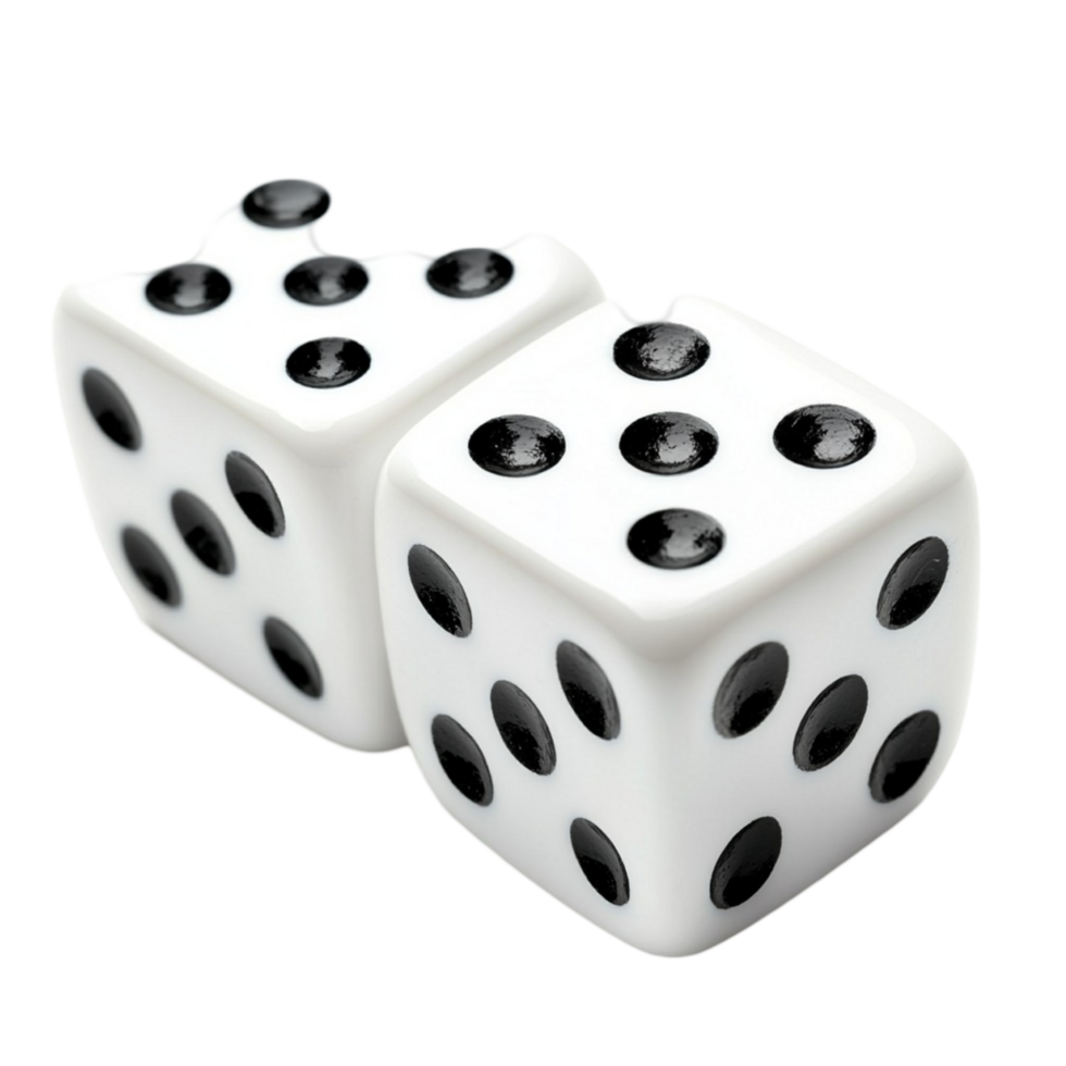 Pair of white dice with black dots rolled to random numbers png