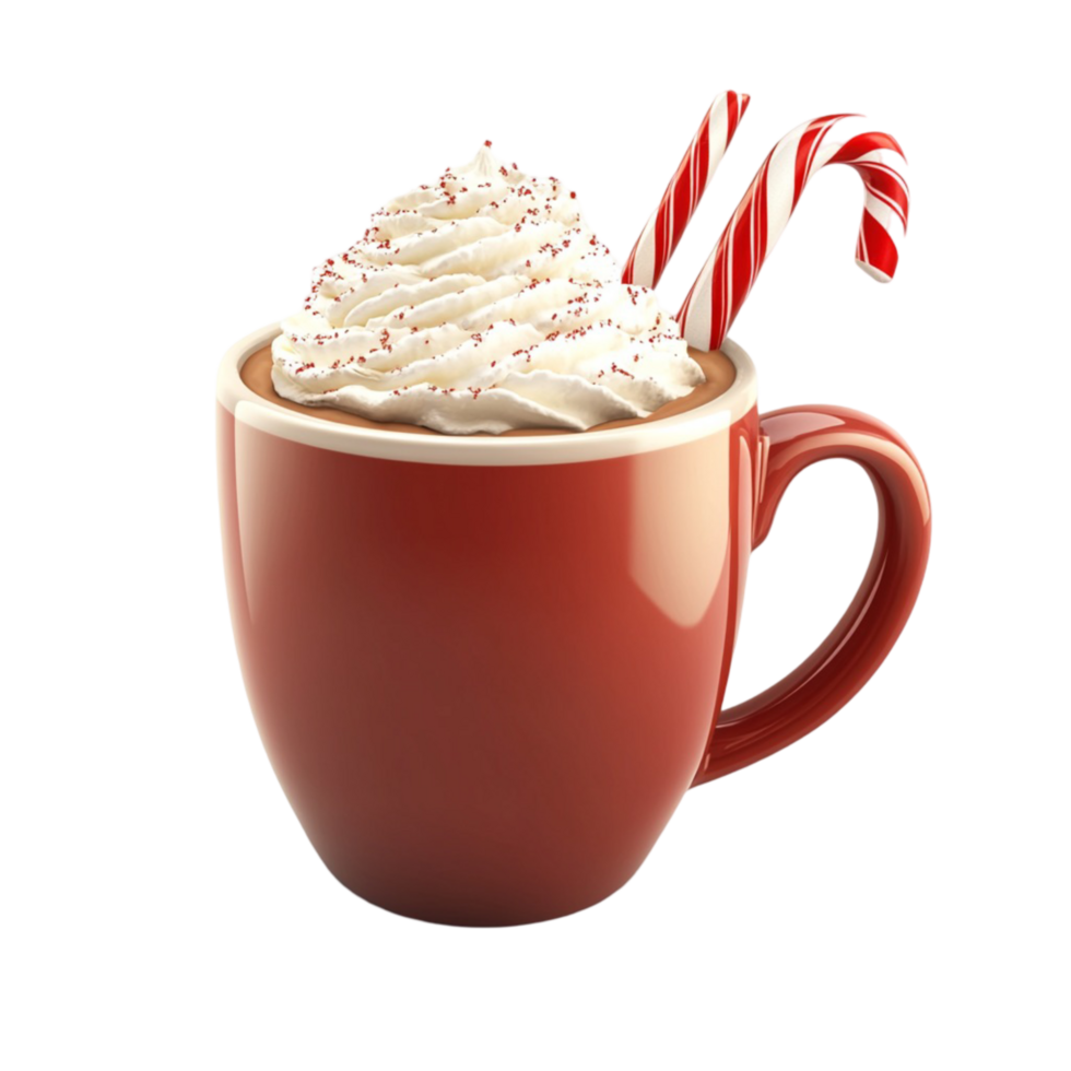 Red mug filled with hot chocolate whipped cream and candy canes png