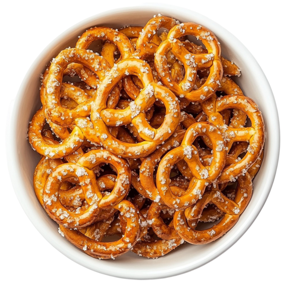 White bowl filled with salted pretzels arranged in a pile png