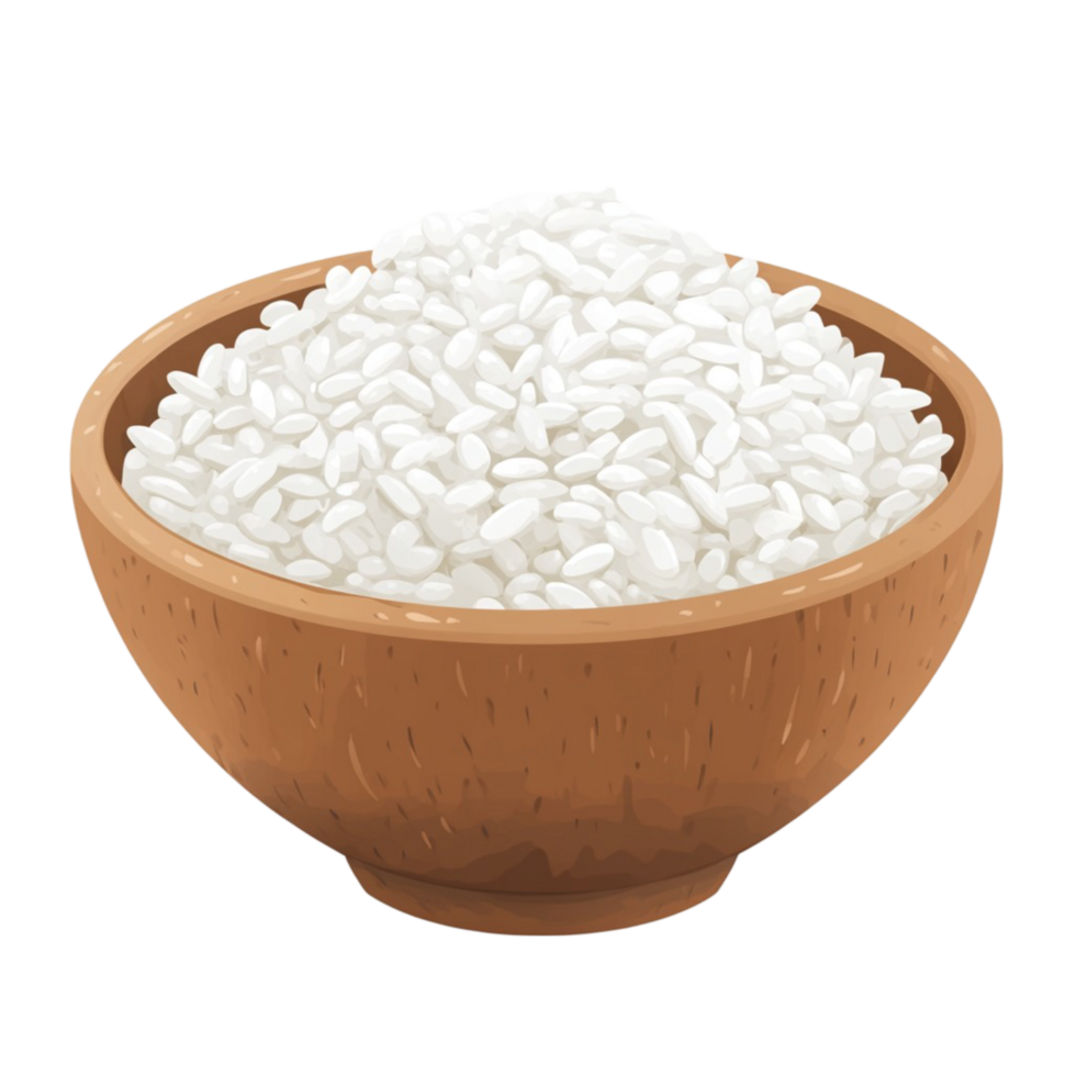 Wooden bowl filled with uncooked white rice grains png