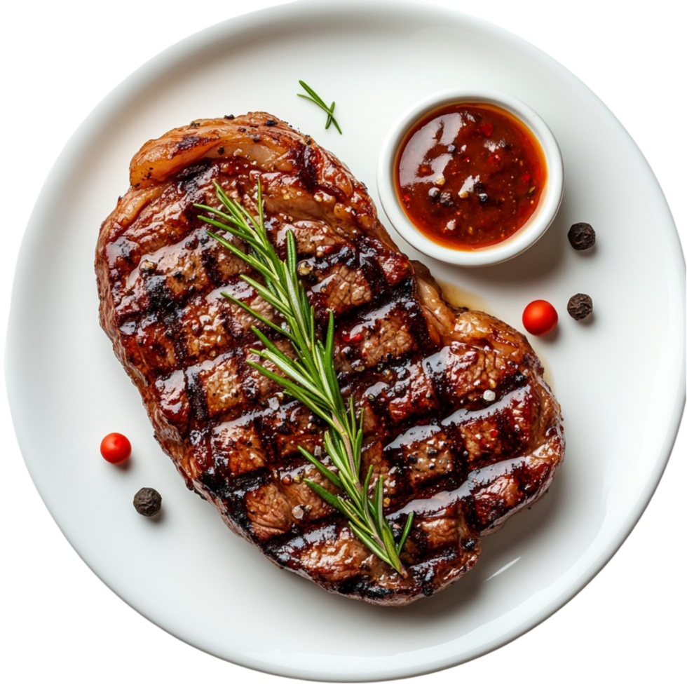 Perfectly grilled steak with rosemary and a side of sauce png