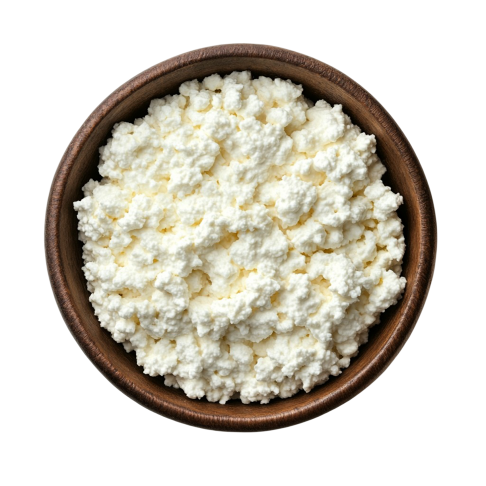Wooden bowl filled with fluffy white cottage cheese with a texture png
