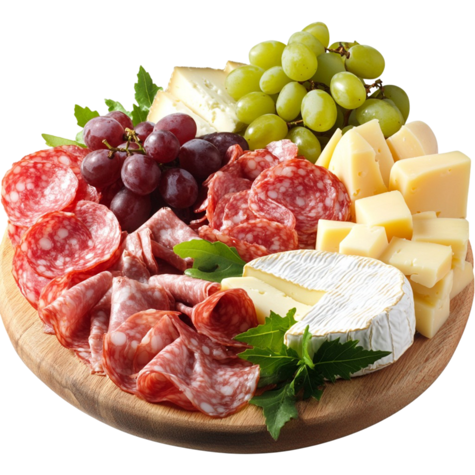 charcuterie board with meats cheeses and grapes png